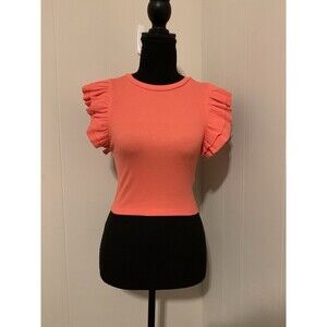 Zara NWT Womens Orange Ribbed Ruffle Sleeve Cropped Top Size Small S